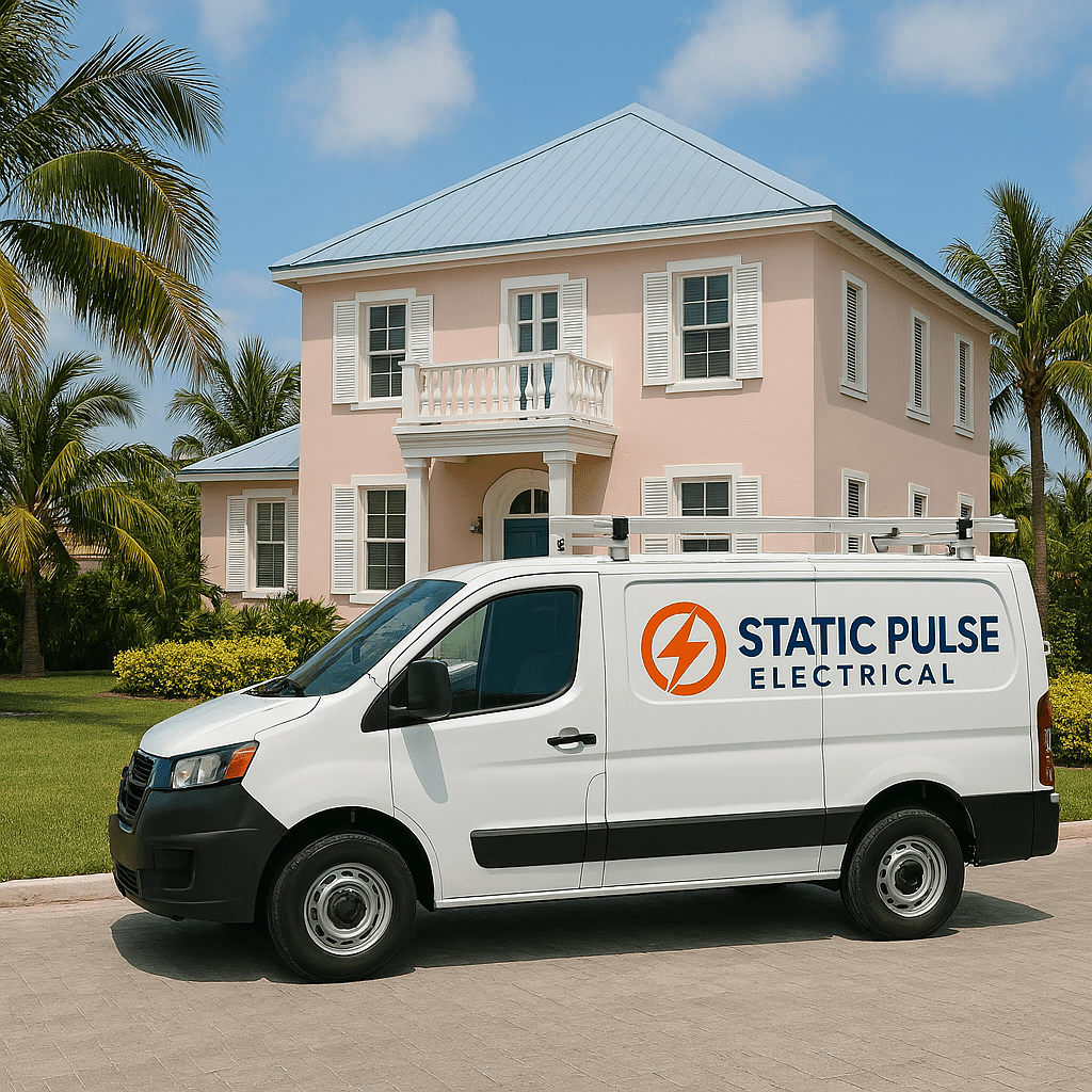 Static Pulse Electrical van parked outside a Bahamian home.
